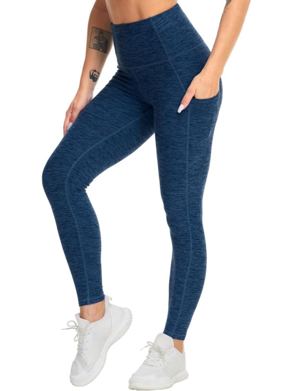 Women's Dark Blue Heather Thick High Waist Tummy Control Workout Yoga Leggings